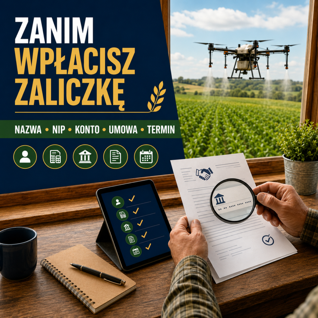 Rolnik sprawdza umowę i rachunek bankowy przed zakupem drona rolniczego