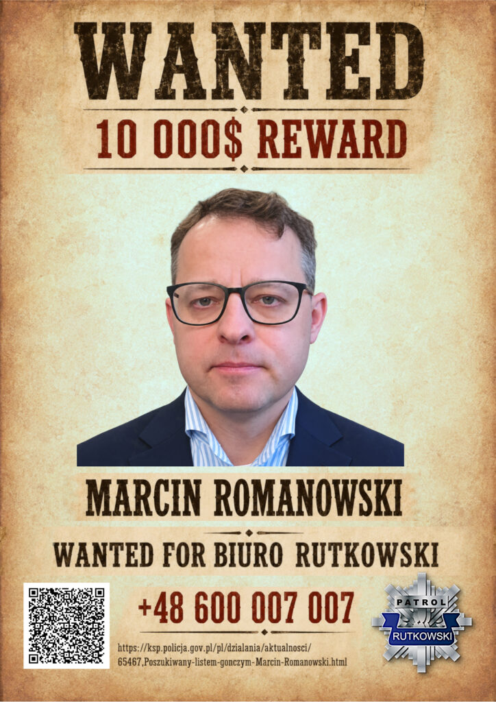 Polsat News: plakat z wizerunkiem Marcina Romanowskiego i informacją o nagrodzie 10 000 dolarów Biura Rutkowski