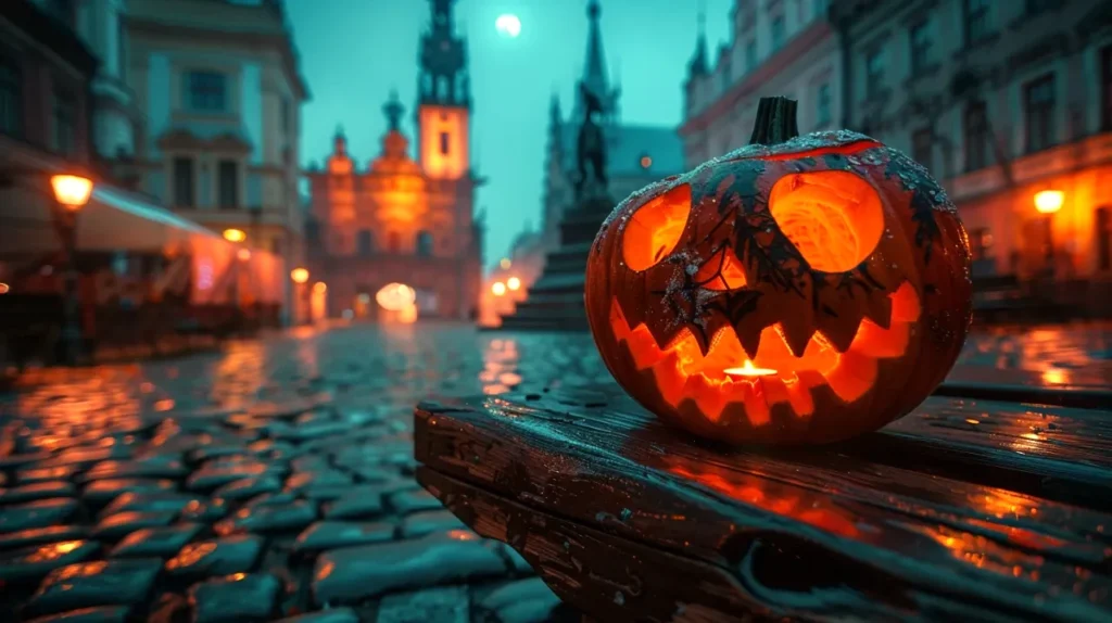 Światło w dyni na mokrym, jesiennym rynku — współczesny symbol pamięci w czasie Halloween i Wszystkich Świętych