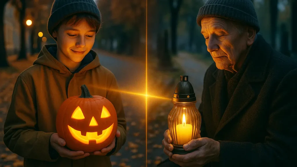 Młoda osoba z dynią-lampionem i starsza osoba ze zniczem – dwa sposoby pamięci o zmarłych. Halloween