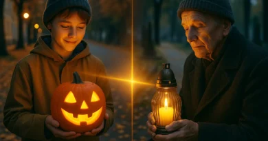 Młoda osoba z dynią-lampionem i starsza osoba ze zniczem – dwa sposoby pamięci o zmarłych. Halloween