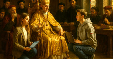 Biskup Jan Lubrański i współcześni uczniowie z laptopem i tabletem – symboliczne 500 lat nauki w Wielkopolsce, od pergaminu do technologii.