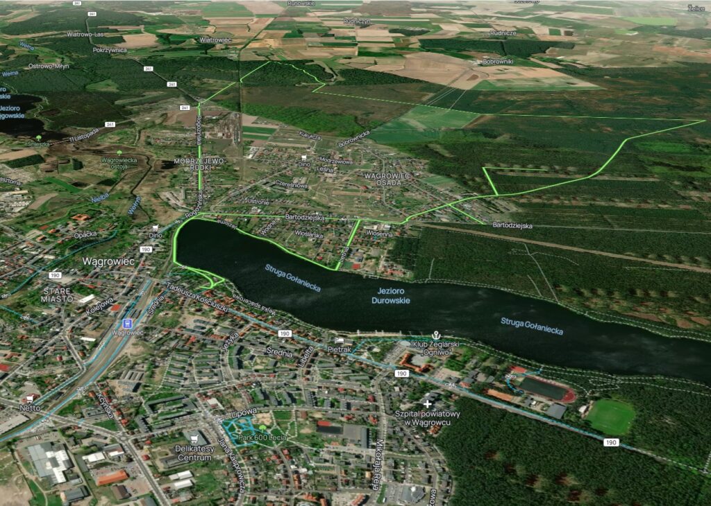 Widok satelitarny rezerwatu przyrody Dębina i okolic Wągrowca