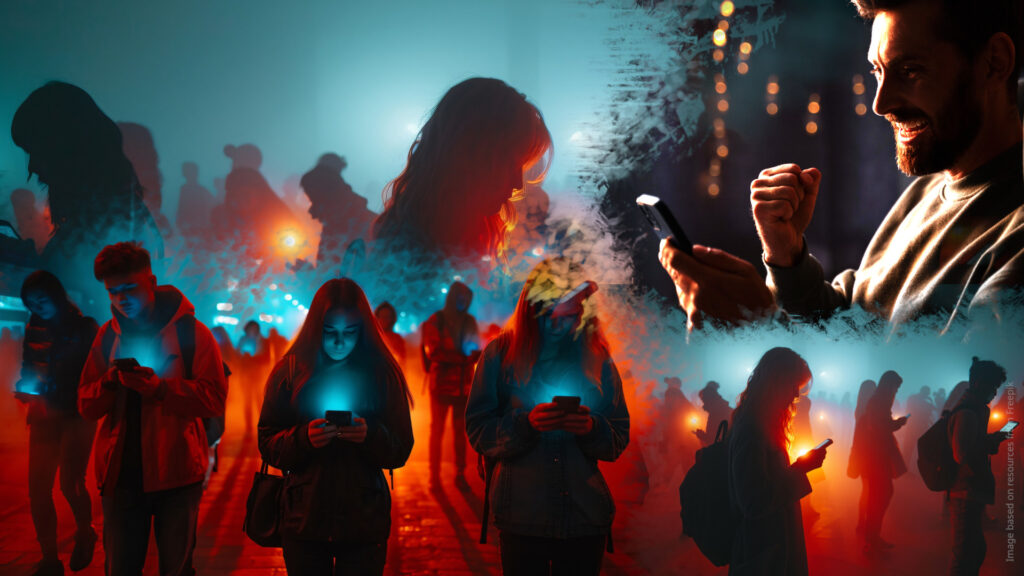 Dezinformacja steruje ludzkimi wyborami – jedna osoba manipuluje informacją, a tłum odbiorców reaguje na ekranach smartfonów