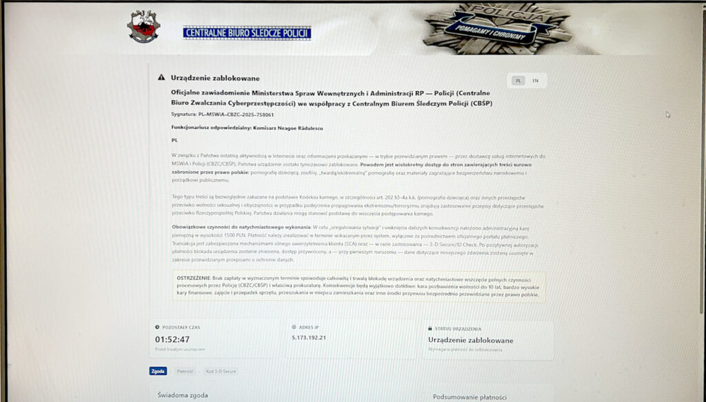 Fałszywy komunikat CBŚP z żądaniem zapłaty 1500 zł wyświetlony w przeglądarce