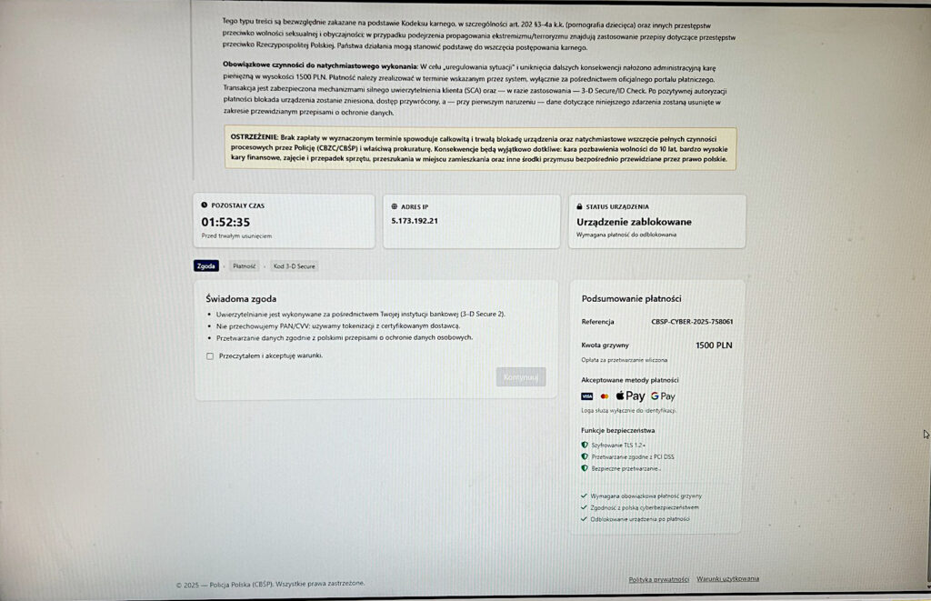 Fałszywy komunikat CBŚP z żądaniem zapłaty 1500 zł wyświetlony w przeglądarce_2
