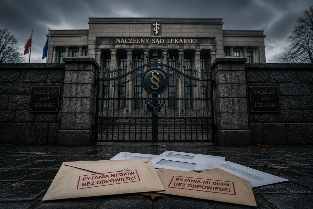 Naczelny Sąd Lekarski – symboliczna ilustracja przedstawiająca brak odpowiedzi na pytania mediów dotyczące uzasadnienia orzeczenia.