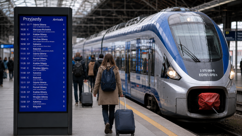 Jeden bilet kolejowy do Europy. Pociąg na dworcu kolejowym i pasażerowie podróżujący z Poznania.