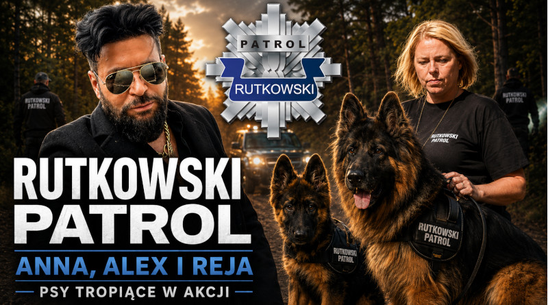 Grafika przedstawiająca Krzysztofa Rutkowskiego, Annę oraz psy tropiące Alex i Reja z Patrolu Rutkowski