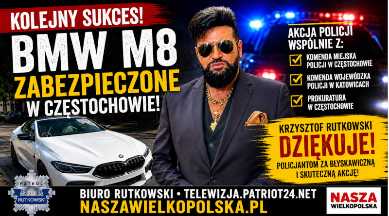Krzysztof Rutkowski przy zabezpieczonym BMW M8 w Częstochowie