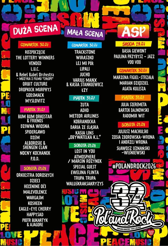 Pol'and'Rock Festival 2026 – oficjalny program Dużej Sceny, Małej Sceny i ASP