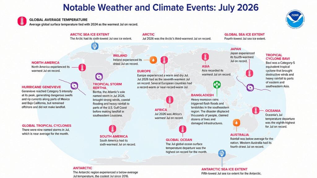 Ekstremalna pogoda na świecie w lipcu 2026 roku – mapa najważniejszych zjawisk klimatycznych NOAA