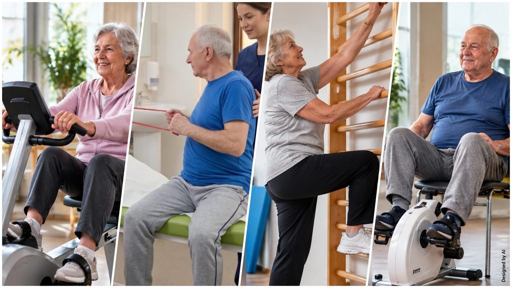 Mieszkańcy Konina wspierają zakup sprzętu rehabilitacyjnego dla DPS – seniorzy ćwiczą na rowerku, rotorze, drabince i z gumą oporową. Ilustracja AI.