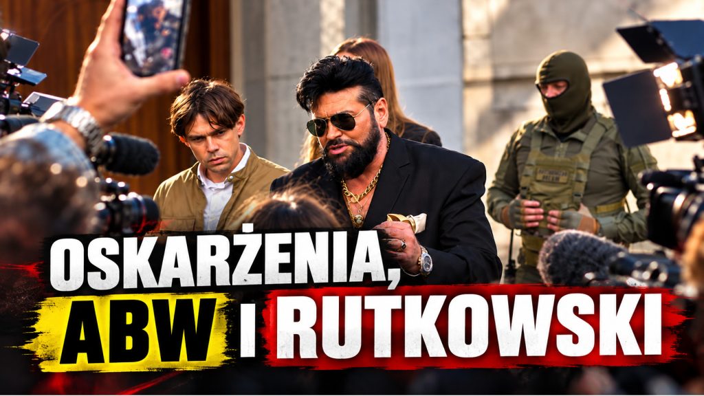 Grafika prasowa z napisem „Oskarżenia, ABW i Rutkowski” na tle konferencji prasowej.